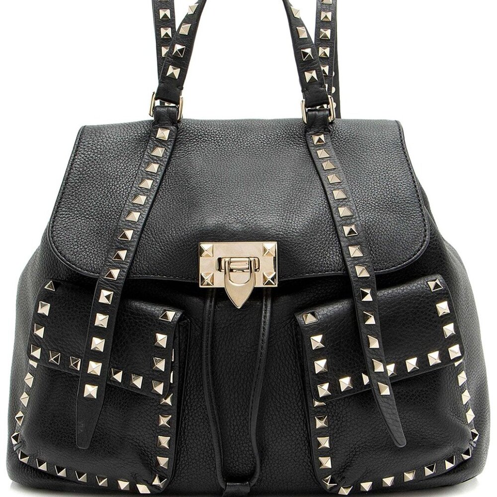 VALENTINO Black Leather Rockstud Double Pocket Backpack